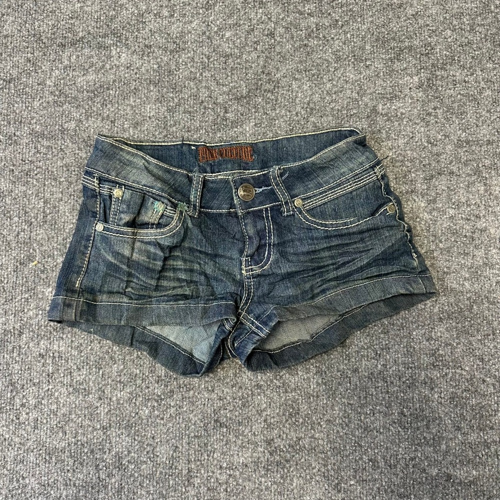Free Culture Denim Shorts Womens Size 0 Blue Low Rise Mini Thick Stitch Cuffed